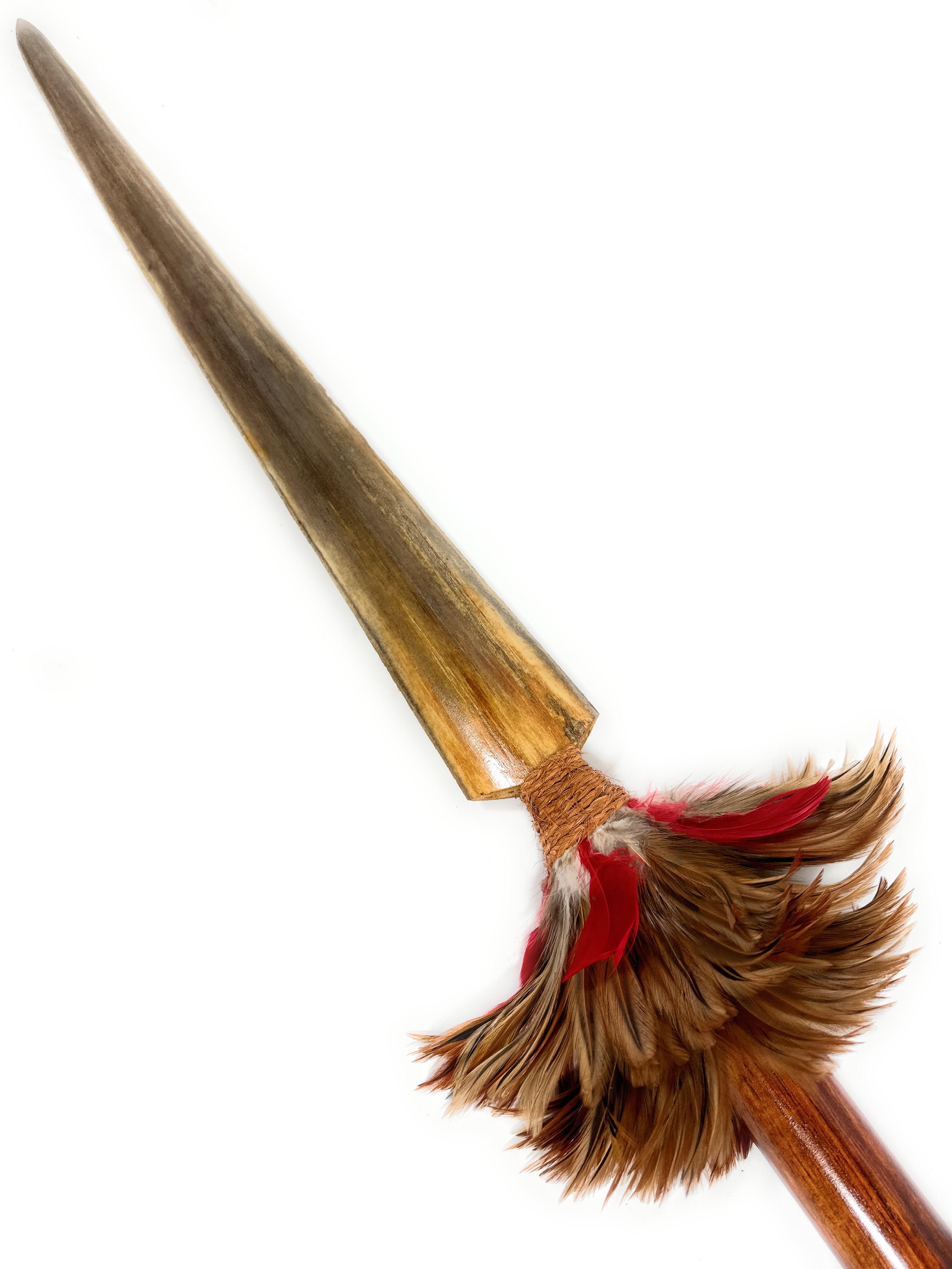 Ultimate Koa Ihe with Sailfish Bill 56  in - 2 inch Shaft Brown/Red Feathers Hawaiian Art | #koasw007 Ultimate Koa Ihe with Sailfish Bill 56  in - 2 inch Shaft Brown/Red Feathers Hawaiian Art | #koasw007